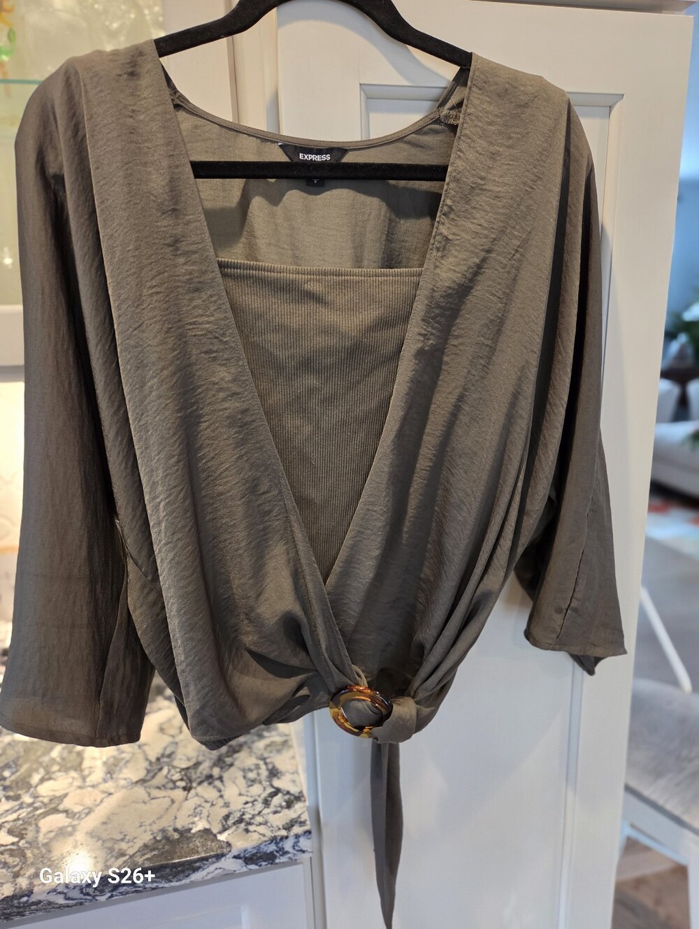 Express Olive Tie-Front Ring-Detail Blouse Sz L